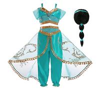 Eleasica Abiti Bambine e Ragazze Principessa Jasmine Costumi Aladdin Vestito Parrucca Fascia per Capelli Travestimento 3-8 Anni Natale Partito Regalo di Compleanno Halloween Festa,Verde+Parrucca,150
