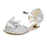 Eleasica Bambine e Ragazze Scarpe col Tacco Antiscivolo Scarpe da Principessa Elsa Carnevale Sandali Cenerentola Costumi Natale Regalo Matrimonio Compleanno Aperte sulla Punta,Argento,32