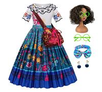 Eleasica Costumi per bambini Mirabel Encanto Travestimento Vestito Parrucca Vestito Fascia per capelli Orecchini Borse Abiti Natale Partito Regalo di Compleanno Carnevale Halloween,Blu,110