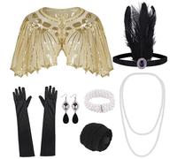 ELECLAND 10 Pezzi Flapper Anni '20 Gatsby Accessori Set Moda Anni '20 Tema Set con Fascia Copricapo Guanti Neri Lunghi Collana Orecchini per Donna (Apricot Gold)