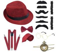 ELECLAND 10 pezzi Set di accessori per costumi da uomo anni '20, cappello, papillon, orologio da tasca, reggicalze, occhiali, barba, giarrettiere da braccio, orologio da tasca (Wine Red)
