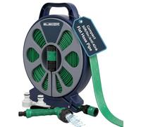 Electoys Tubo da giardino piatto multiuso da 15,2 m e avvolgitubo con pistola a spruzzo per irrigazione esterna, tubo da 15 m, per giardino, prato, patio, garage, pavimento, lavaggio auto