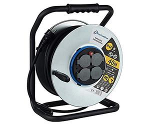 Electraline 208685 - Avvolgitore elettrico professionale impermeabile IP44 cåble 40 m in gomma 3G2.5m㎡ per cantiere in metallo, 4 prese con guida per il cavo, nero