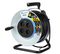 Electraline 208690 - Prolunga elettrica in metallo, 50 m, 4 prese con guida per il cavo, piastra fissa e impugnatura ergonomica