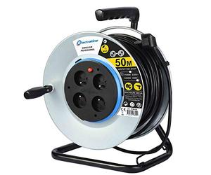 Electraline 208690 - Prolunga elettrica in metallo, 50 m, 4 prese con guida per il cavo, piastra fissa e impugnatura ergonomica