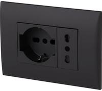Electraline 22111 Set Placca Premontata 2 posti (1 Presa universale P40 + 1 Presa Bivalente 10/16A), due viti di montaggio, Nero