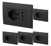 Electraline 22111 Blocco presa da incasso/Set Placca Premontata 2 posti (1 Presa universale P40 + 1 Presa Bivalente 10/16A), due viti di montaggio, Nero (Confezione da 5)