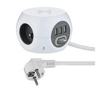 Electraline 35444 - Mini Cube con caricatore rapido senza fili, Fast Wirelss Charger Qi, 3 porte USB 2.4A, blocco 3 prese con interruttore, prolunga multipla 1,5 m, colore: Bianco