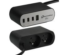 Electraline 35461 - Blocco multipresa per ufficio Electradock con 2 prese francesi + 4 USB (3 USB C (Power Delivery) PD35W + 1 USB A QC) + 1 supporto da scrivania incluso