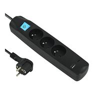Electraline 35605 - Blocco multipresa a 3 prese francesi + 2 USB 3.4A 17W A + 1 tipo C, con interruttore on/off, spina extra piatta 90° 16A, cavo 1.5M, nero