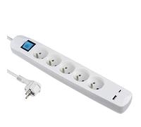 Electraline 35614 - Blocco multipresa a 5 prese francesi + 2 USB 3.4 A 17 W A + 1 tipo C, con interruttore/off, spina extra piatta 90° 16A, cavo 1,5 m, bianco