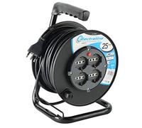 Electraline 49027 prolunga elettrica con avvolgicavo 25 mt 4 prese polivalenti (schuko + 10/16A) spina grande 16A, con protezione, nero - sezione cavo 3G1,5 mm²