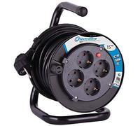 Electraline 49031 49031-Avvolgicavo H05VV-F 3G1,5, 15 m, IP20, per Interni, con 4 Prese Schuko, Scatola per Cavi con prolunga, Rullo di Linea con manovella, Nero