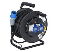 Electraline 49049 Prolunga in Gomma con Avvolgicavo 25 m, 2 Prese Industriali IEC, Spina a 3 Poli CEE Adatto per Camper, Campeggio, Caravan, Barca, Can, Nero/Blu