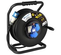 Electraline 49058 Prolunga in Gomma 3G1.5 mm² con Avvolgicavo, 2 Prese Industriali IEC e 1 Schuko Spina a 3 Poli Adatto per Camper, Campeggio, Caravan, Barca, Cantiere, Nero, 50 m