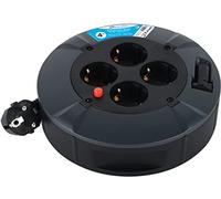 Electraline 49076 - Cassapanca per cavi, 4 scomparti, 4M, IP20, avvolgicavo per interni, con 4 prese Schuko, scatola con cavo di prolunga, avvolgicavo con manovella, nero