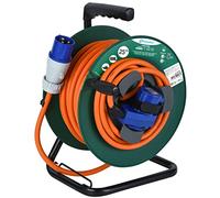 Electraline 49208 Prolunga in gomma con Avvolgicavo 25M per camper, campeggio, caravan, IP44, 2 prese (industriale+Schuko), Spina CEE, Cavo H07RN-F 3G2.5mm, 25M, Camping, Verde