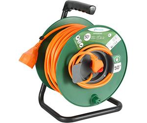 Electraline 49233 Prolunga Giardino con Avvolgicavo 50 mt Spina 16A e Presa Polivalente (Schuko + 10/16A) Adatta per Elettrodomestici da Giardinaggio, con Protezione, Verde/Arancione