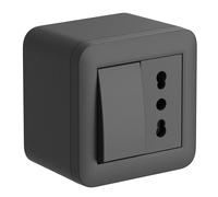 Electraline 60480 contenitore da superficie con presa bivalente e interruttore/deviatore FIXA, nero, IP40, compatibile per installazione con tubo rigido e canalina