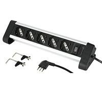 Electraline 61906 Multipresa Corpo in Alluminio con 5 Posti Polivalenti, Schuko + 10/16 A, 2 Supporti per Fissaggio alla Scrivania, Spina Piccola 10 A, Nero/Argento