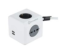 Electraline 62045 Multipresa Cubo Powercube 4 Posti con 2 USB 2.1A, 2 Schuko + Spina Italiana, 2 Bivalenti 10/16 Italiane, Colore Bianco, Cavo 1.5M
