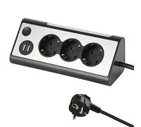 Electraline 62512 Multipresa ad Angolo Multifunzione con 3 Prese Schuko/Tedesca, 2 Porte USB con Interruttore Luce Notturna LED On/Off, Cavo 1.5 Metri, Nero