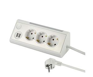 Electraline 62513 Multipresa ad Angolo Multifunzione con 3 Prese Schuko/Tedesca, 2 Porte USB con Interruttore Luce Notturna LED On/off, Cavo 1.5 Metri, Bianco
