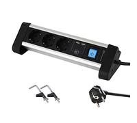 Electraline - 62553, Ciabatta multipla per tavolo da lavoro, con 62553 prese Schuko + 3 porte USB 2,4 A, 2 m, fissaggio con 2 supporti inclusi, cavo H05VV-F 3G 1,5 mm, interruttore On/Off