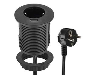 Electraline 62558 Grommet Fast Charge 2.A & passacavi Standard, Ø 60 mm (Presa Schuko da Tavolo), Cavo 2 m, Schwartz, 1 Steckdose + 1 USB A