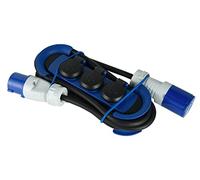 Electraline 62574 Multipresa Outdoor con Spina CEE, 1 Presa CEE + 3 Prese Schuko con tappo IP44, appendibile con 2 Ganci + Elastici Fermacavo, Cavo in gomma 3M, H07RN-F 3G2.5, Campeggio, Caravan, Blu