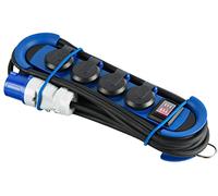 Electraline 62576 Multipresa Outdoor con Spina CEE, 4 Prese Schuko con tappo IP44, appendibile con 2 ganci+elastici fermacavo, Cavo in gomma 3M, H07RN-F 3G1.5, campeggio, caravan, blu/nero