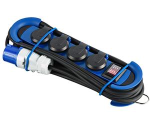 Electraline 62576 Multipresa Outdoor con Spina CEE, 4 Prese Schuko con tappo IP44, appendibile con 2 ganci+elastici fermacavo, Cavo in gomma 3M, H07RN-F 3G1.5, campeggio, caravan, blu/nero