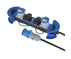Electraline 62580 Multipresa Camping Outdoor con Spina CEE, 2 Prese CEE + 2 Prese Schuko con tappo IP44, appendibile con 2 Ganci + Elastici Fermacavo, Cavo 5M H07RN-F 3G2.5, Campeggio, Caravan