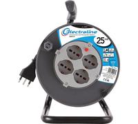 Electraline Avvolgicavo 49027 Prolunga 25 m, 4 prese bipasso (Schuko+10/16A), spina 16A, nero