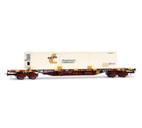 Electrotren HE6080 RENFE, carro container 4 assi MMC3, con contenitore di riferimento "Transporte Combinado", rosso ossido, ep. V