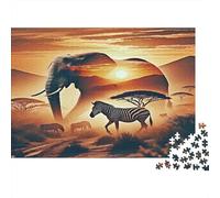 Elefante - Carta resistente - Elefante con zebra nella savana al tramonto - Puzzle per adulti - Regalo di compleanno educativo - 70x50cm/1000 pezzi