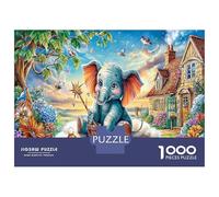 Elefante Cartone Animato Puzzle da Assemblare in Bundle Carta Spessa Dumbo vicino alla Casetta e Giardino Fantastico Decorativo Gioco per la Famiglia 38x26cm/1000pezzi