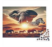 Elefante - Cartone - Elefante con zebra nella savana al tramonto - Puzzle premium per anziani - Allenamento cerebrale - 70x50cm/1000 pezzi