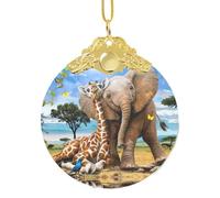 Elefante e giraffa scintillante ciondolo rotondo in vetro, 7,6 cm diametro ornamento per Natale