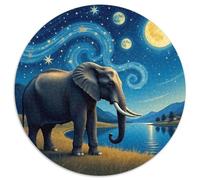 Elefante Puzzle 1000 Pezzi Tondo Carta per Adulti Notte Cielo Fiume