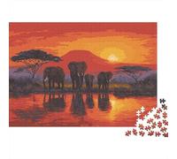 Elefanti in piedi in riva al fiume al tramonto,Puzzle Per Adulti 1000pcs (75x50cm),Giochi Di Sfida
