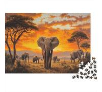Elefanti Jigsaw Puzzle 1000pcs (75x50cm) Adulti Savana africana, alberi di acacia, cielo arancione al tramonto Puzzle Gioco EduGattoivo Decorazioni Per La Casa