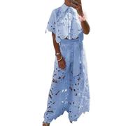 Elegance - Set con camicia corta in pizzo floreale e pantaloni a gamba larga con tasca con cintura, in pizzo cavo, da donna, Blu, L