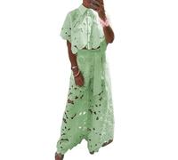 Elegance - Set con camicia corta in pizzo floreale e pantaloni a gamba larga con tasca con cintura, in pizzo cavo, da donna, Verde, XXL