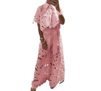 Elegance - Set con camicia corta in pizzo floreale e pantaloni a gamba larga con tasca con cintura, in pizzo cavo, da donna, rosa, XL