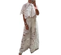 Elegance - Set con camicia corta in pizzo floreale e pantaloni a gamba larga con tasca con cintura, in pizzo cavo, da donna, bianco, XL