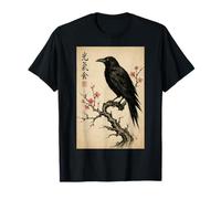Elegant Black Crow on Blossom Branch in Japanese-Inspired Maglietta