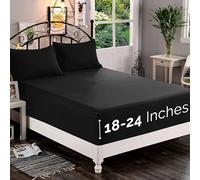Elegant Comfort 1500 Premium Quality Fitted Sheet Ultra Soft 18-24 Inch Extra Deep Pocket - Single Fitted Sheet for High Mattress - Wrinkle Free with Smart Storage Pockets, Queen, Black