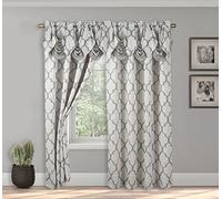 Elegant Comfort Set di 2 tende a pannello effetto jacquard con mantovana a cascata attaccata, 150 x 200 cm, motivo quadrifoglio, grigio argento