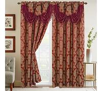 Elegant Comfort Set di 2 tende effetto jacquard con mantovana a cascata attaccata, 137 x 213 cm, bordeaux/oro